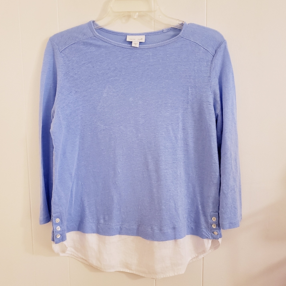 J Jill Love Linen Top XS Blue White Crew Neck Mixed Media Pullover 3/4 Sleeve,